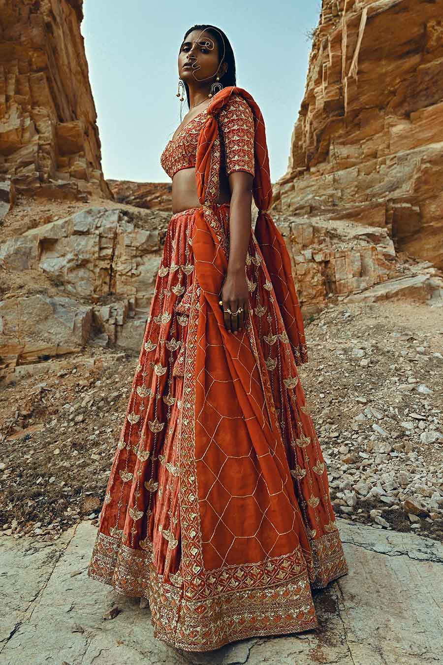 Rust Velvet Embroidered Lehenga Set