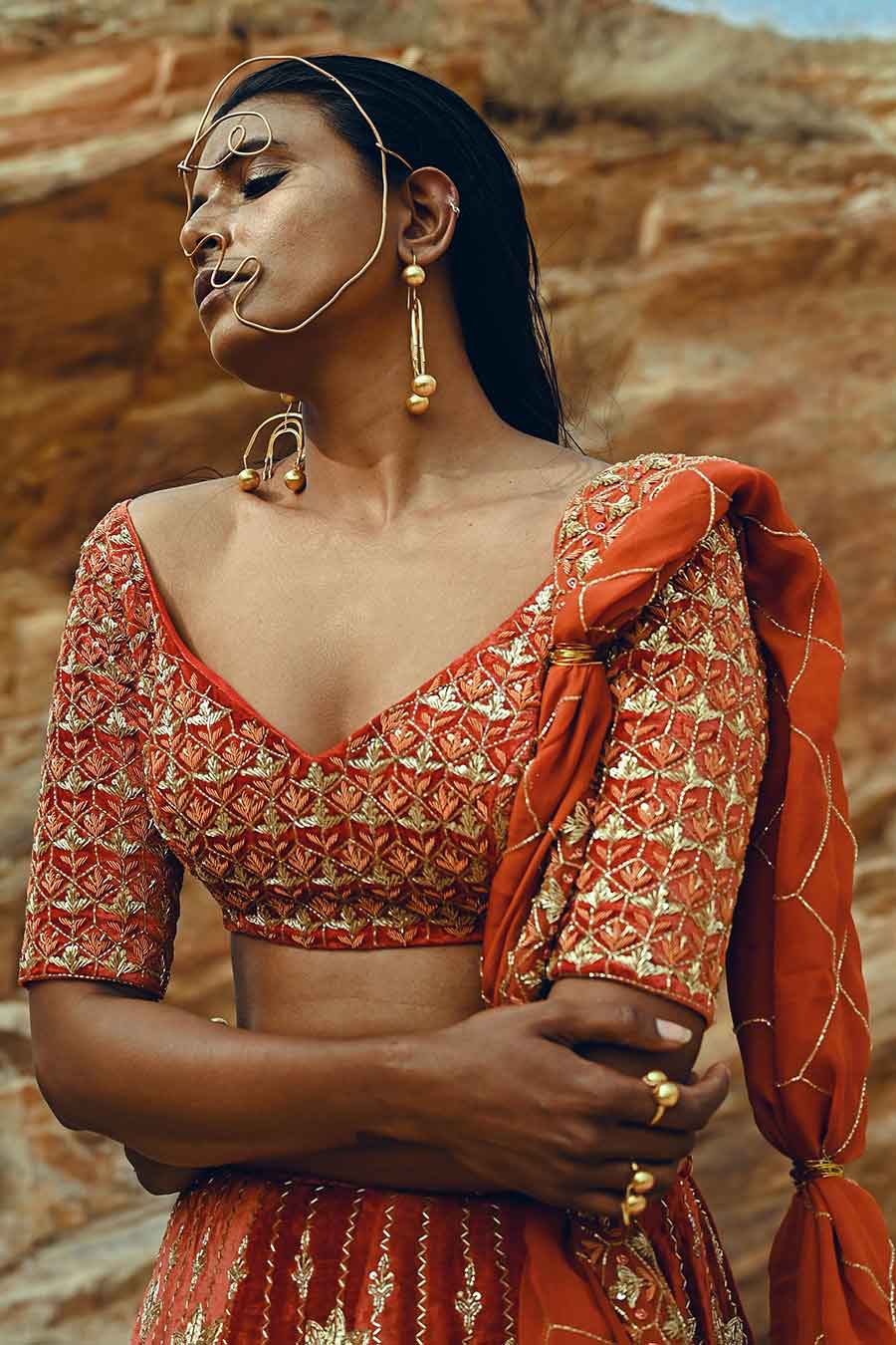 Rust Velvet Embroidered Lehenga Set