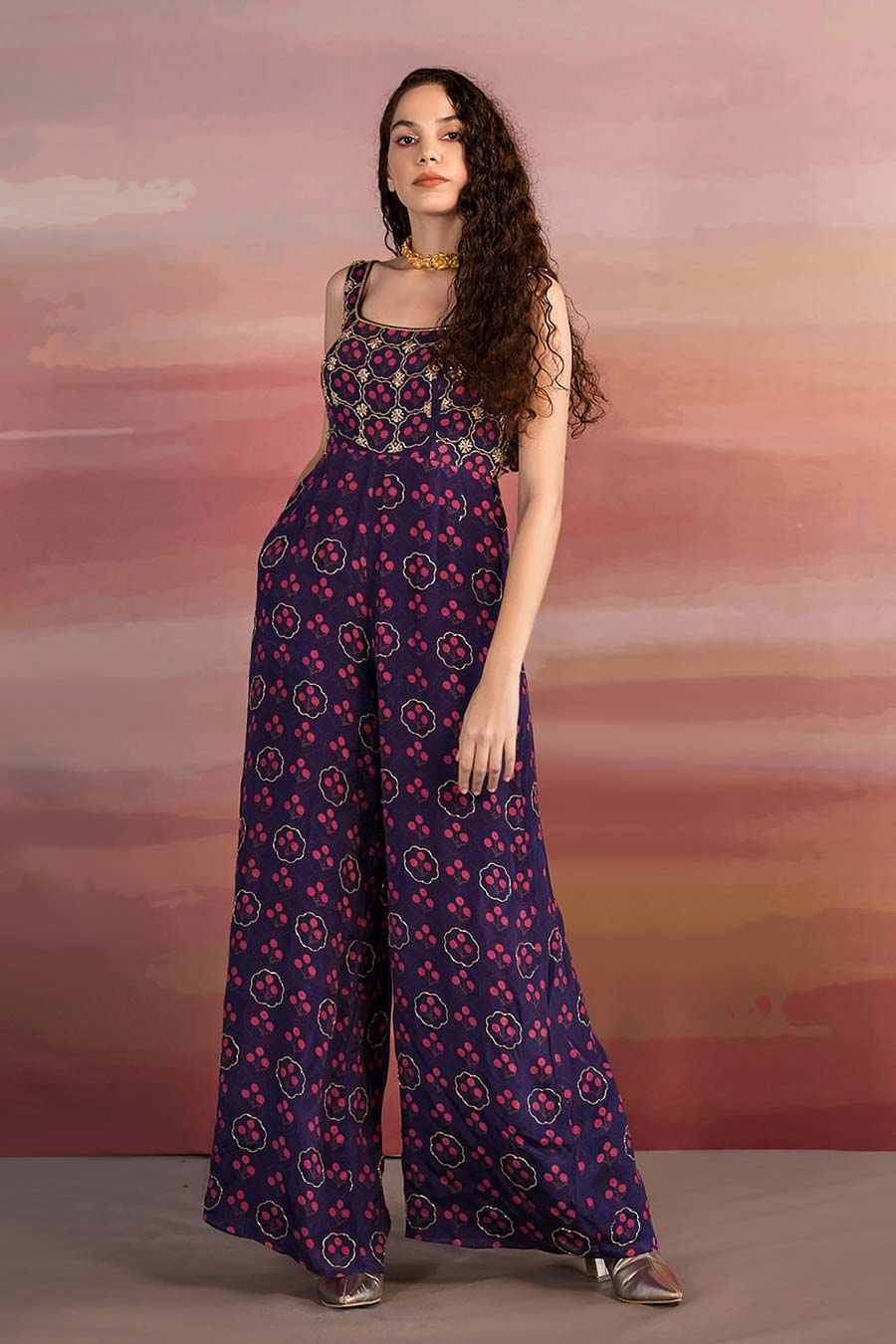 Purple Floral Print Sleeveless Jumpsuit