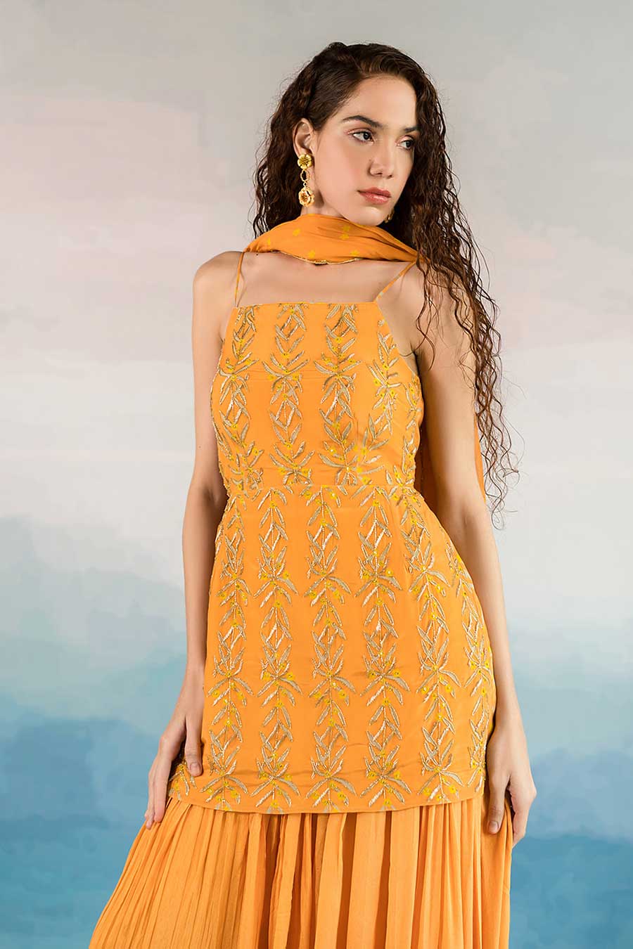 Orange Floral Print Kurta Sharara Set