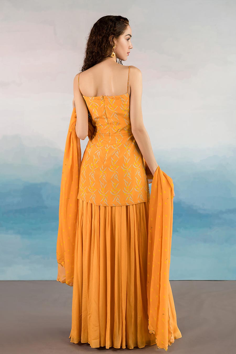 Orange Floral Print Kurta Sharara Set