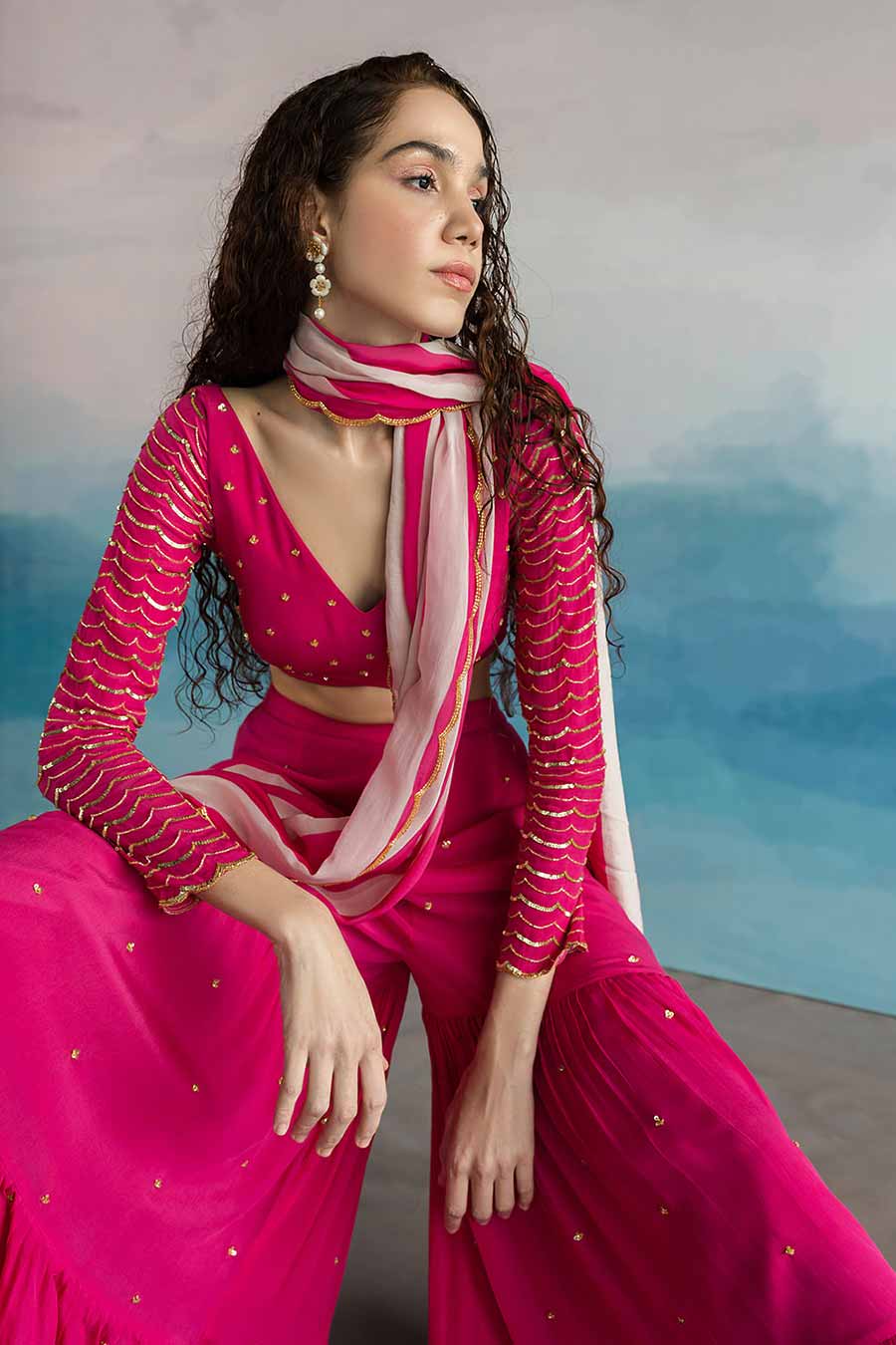 Pink Striped Palazzo Saree With Blouse