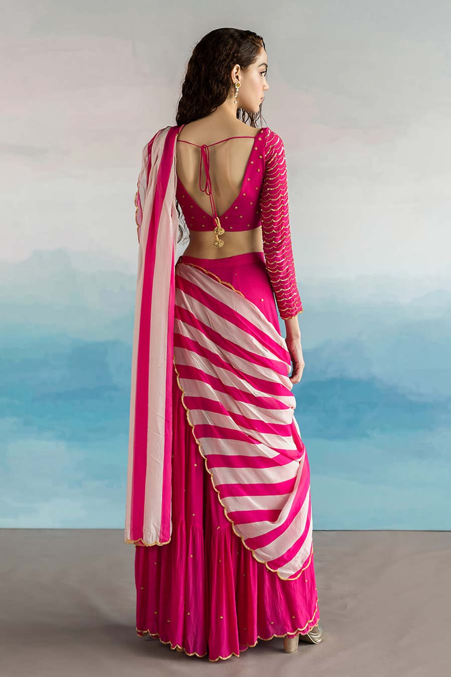 Pink Striped Palazzo Saree With Blouse