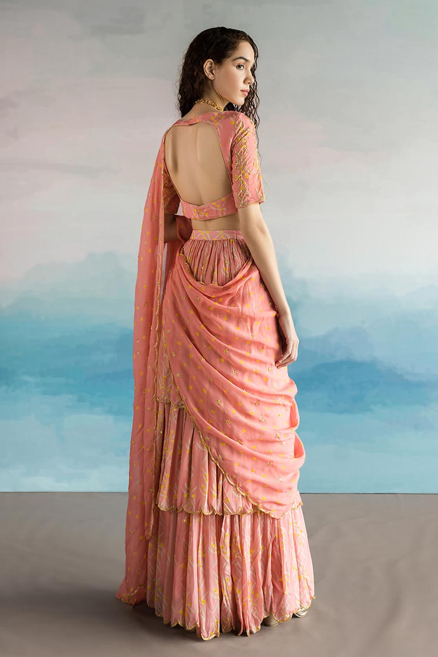 Pink Printed Gharara Saree With Blouse