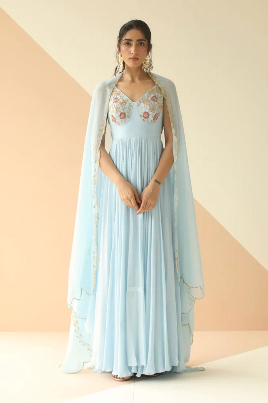 Powder Blue Embroidered Anarkali With Dupatta