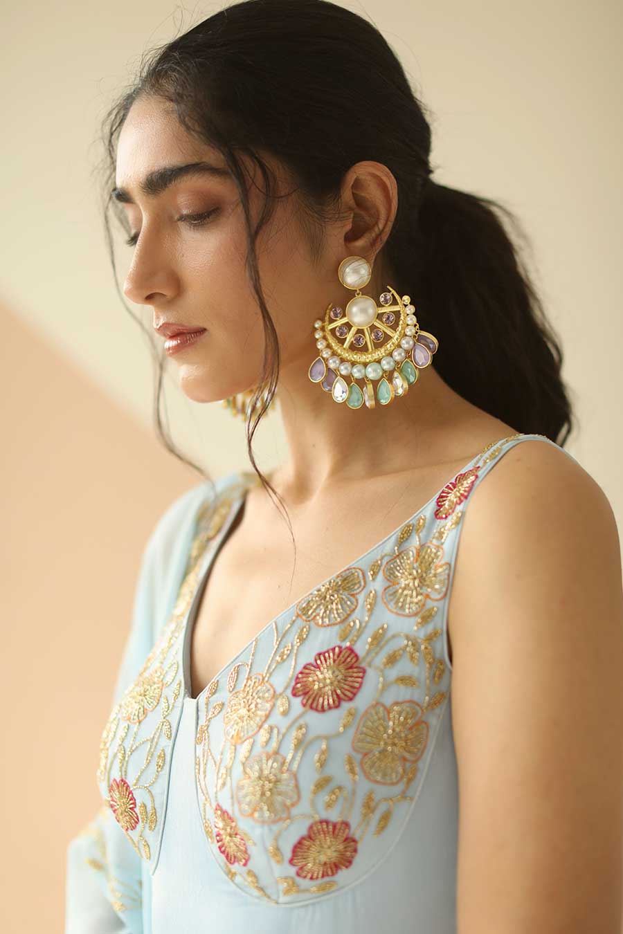 Powder Blue Embroidered Anarkali With Dupatta