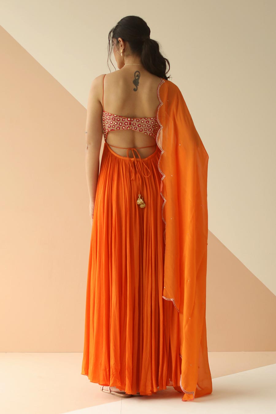 Orange Embroidered Anarkali With Scallop Dupatta