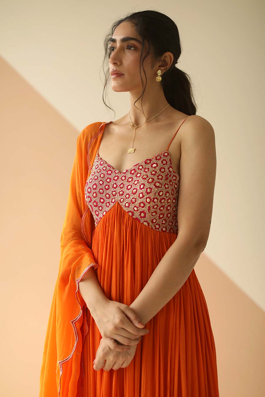 Orange Embroidered Anarkali With Scallop Dupatta