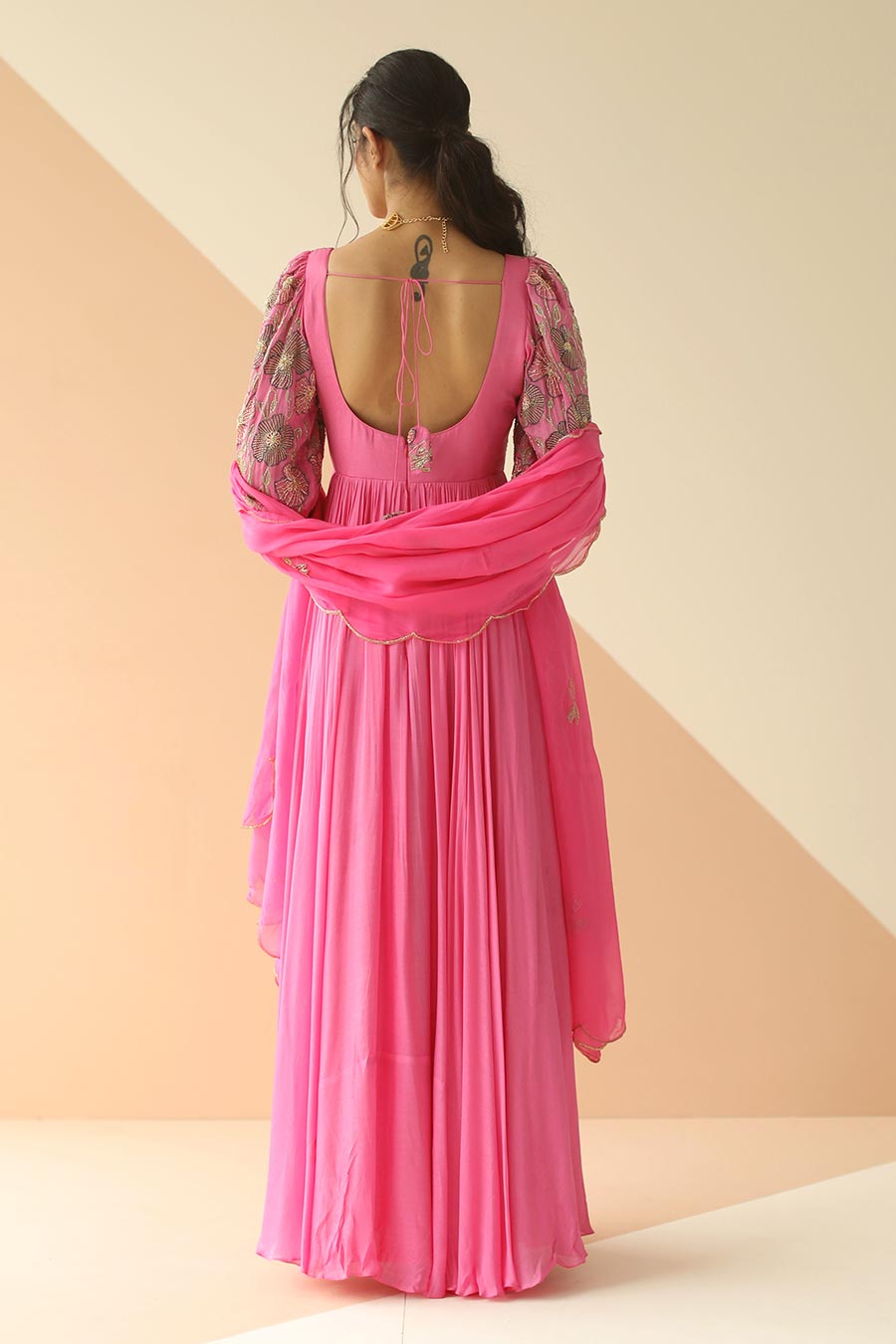 Pink Heavy Yoke Embroidered Anarkali With Dupatta