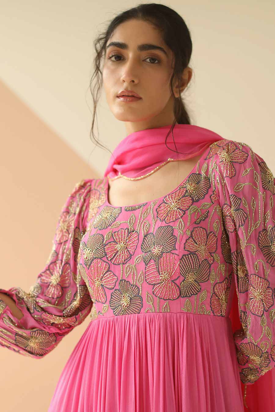 Pink Heavy Yoke Embroidered Anarkali With Dupatta