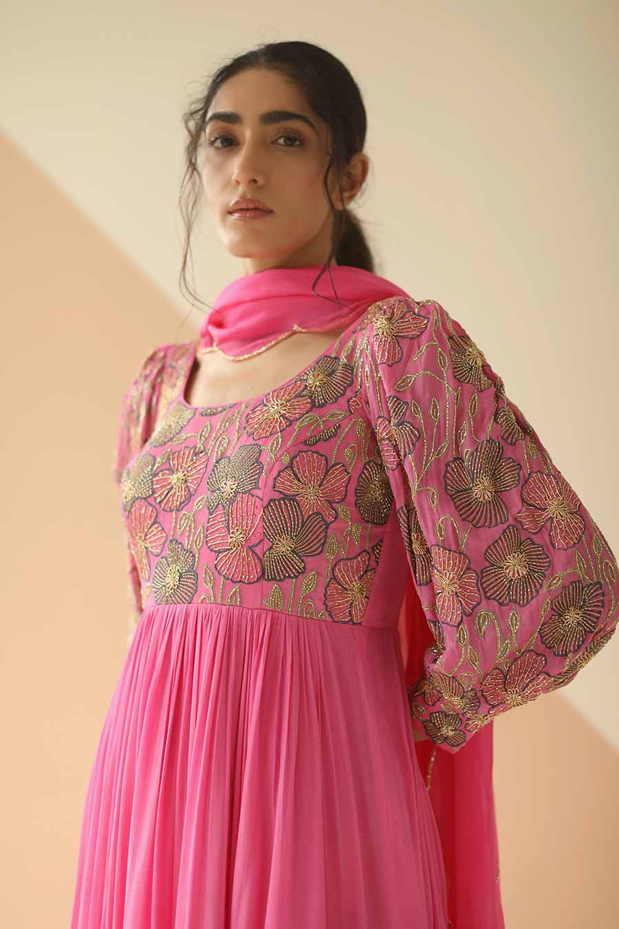 Pink Heavy Yoke Embroidered Anarkali With Dupatta