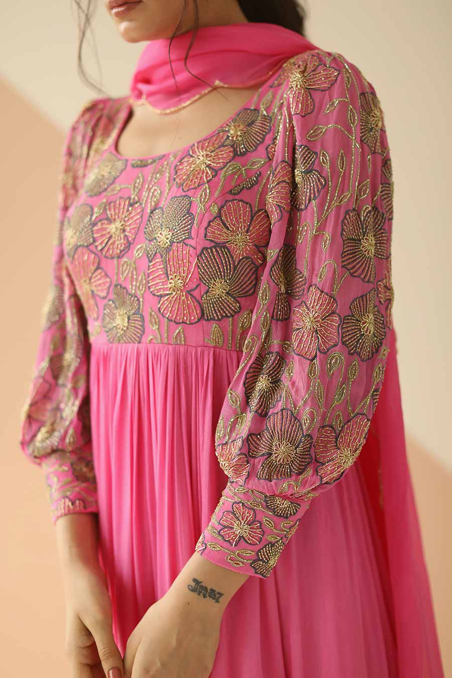 Pink Heavy Yoke Embroidered Anarkali With Dupatta