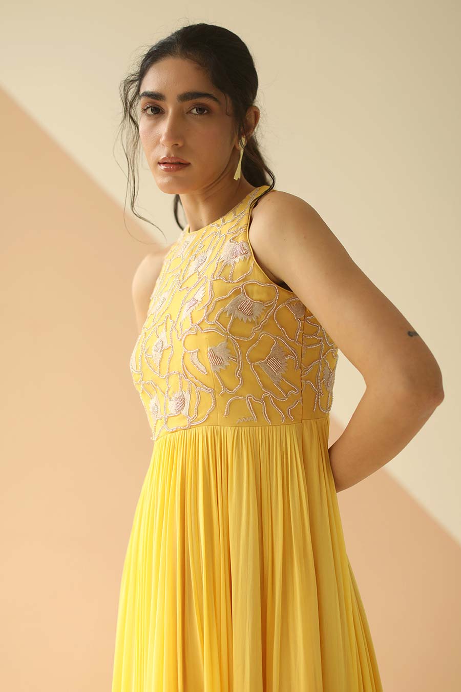 Yellow Embroidered Anarkali With Scallop Dupatta