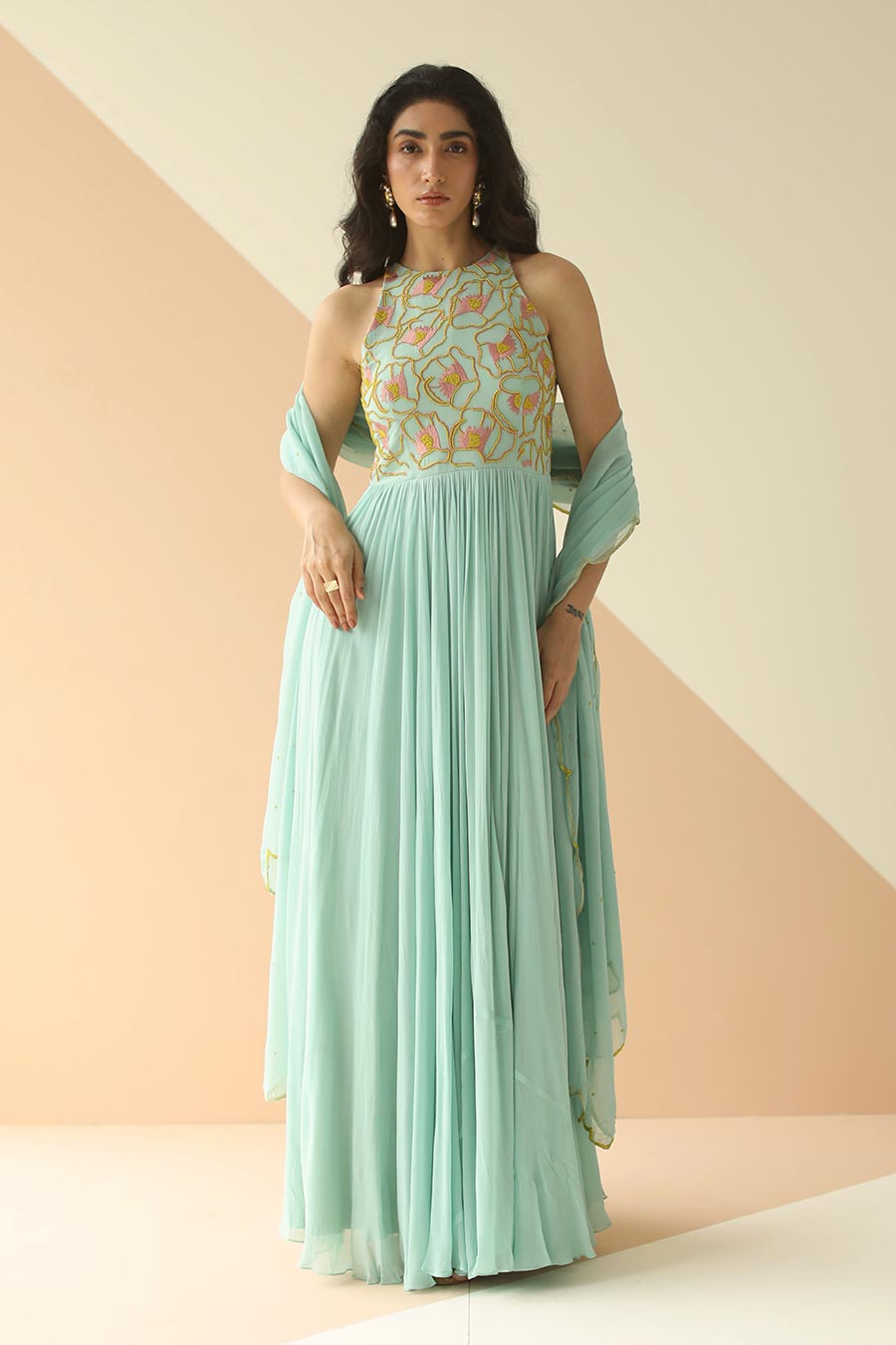 Mint Blue Embroidered Anarkali With Scallop Dupatta