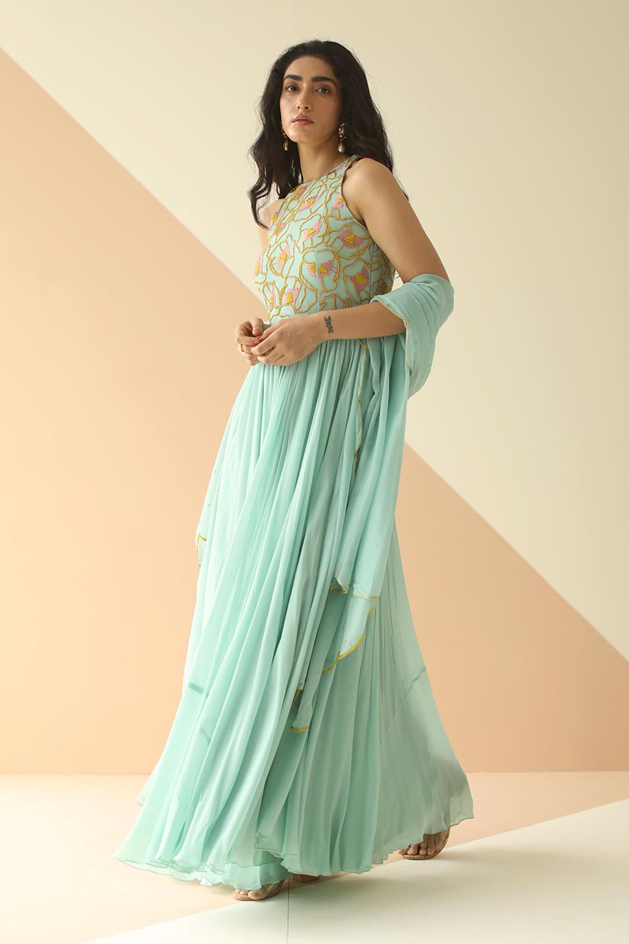 Mint Blue Embroidered Anarkali With Scallop Dupatta