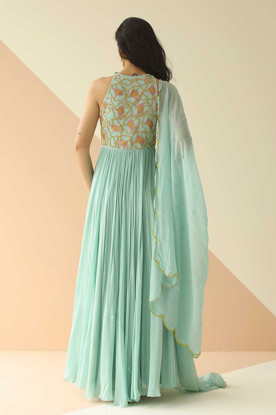 Mint Blue Embroidered Anarkali With Scallop Dupatta