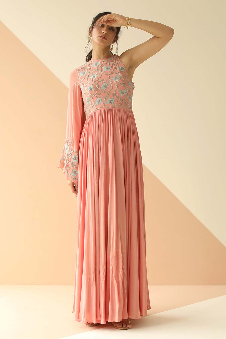 Rose Pink Embroidered One-Sleeve Gown Dress