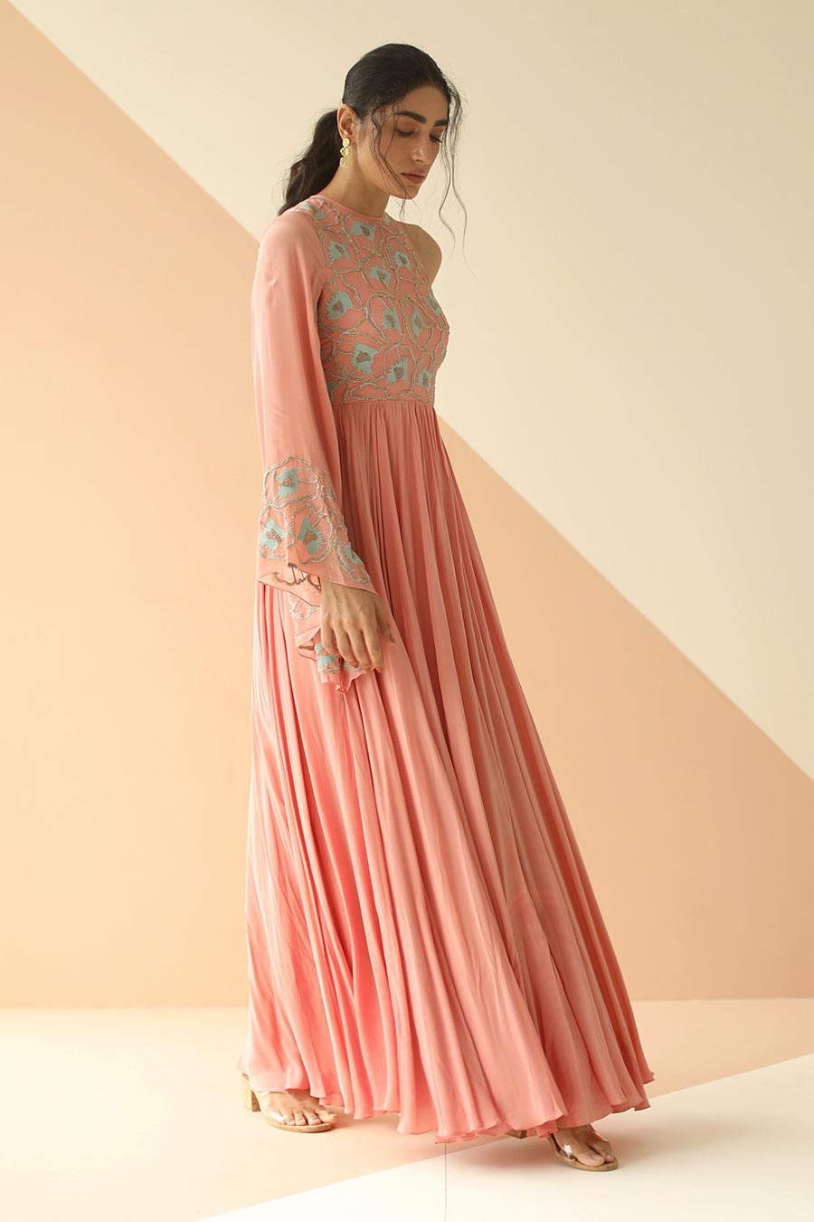 Rose Pink Embroidered One-Sleeve Gown Dress