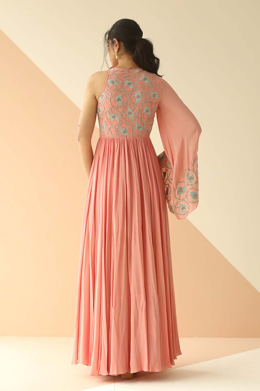 Rose Pink Embroidered One-Sleeve Gown Dress