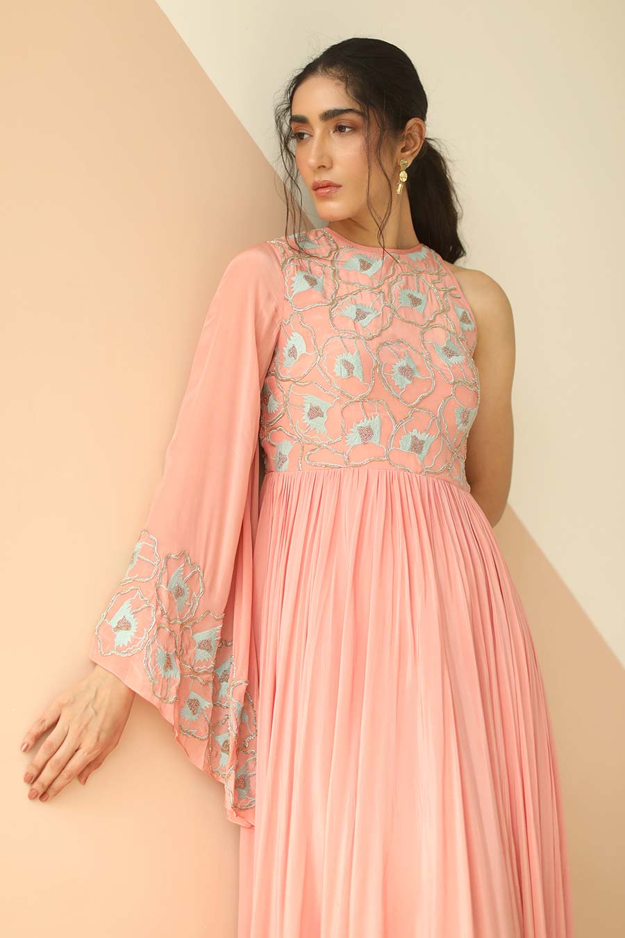 Rose Pink Embroidered One-Sleeve Gown Dress