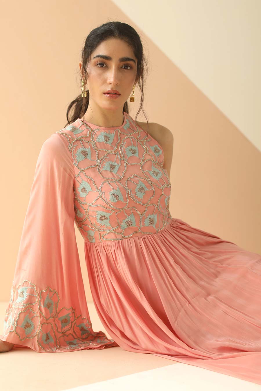 Rose Pink Embroidered One-Sleeve Gown Dress