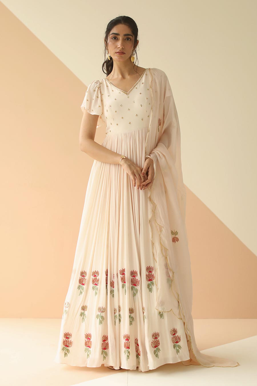 Off-White Embroidered Anarkali With Scallop Dupatta