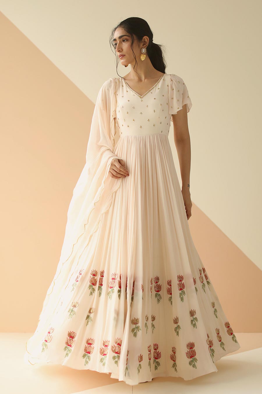 Off-White Embroidered Anarkali With Scallop Dupatta