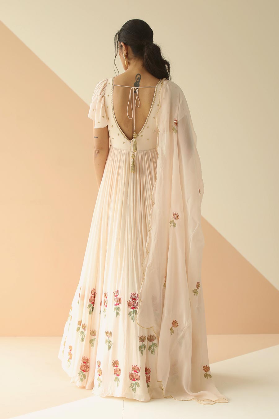 Off-White Embroidered Anarkali With Scallop Dupatta