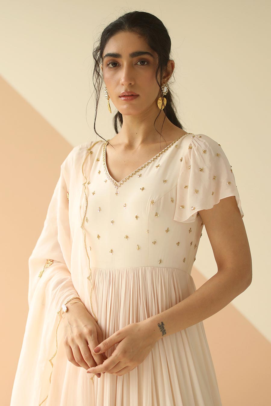 Off-White Embroidered Anarkali With Scallop Dupatta