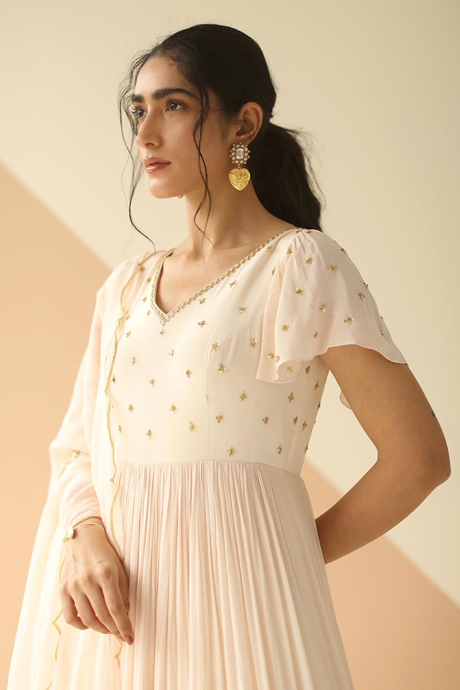 Off-White Embroidered Anarkali With Scallop Dupatta