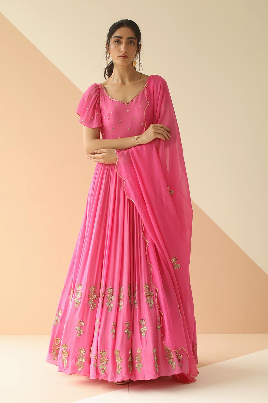 Pink Embroidered Anarkali With Scallop Dupatta