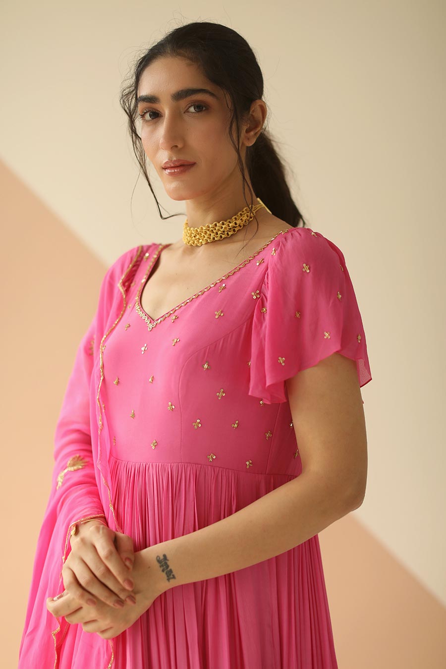 Pink Embroidered Anarkali With Scallop Dupatta