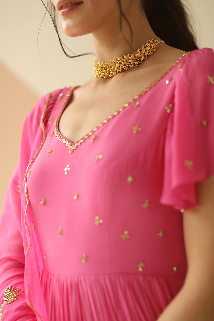 Pink Embroidered Anarkali With Scallop Dupatta