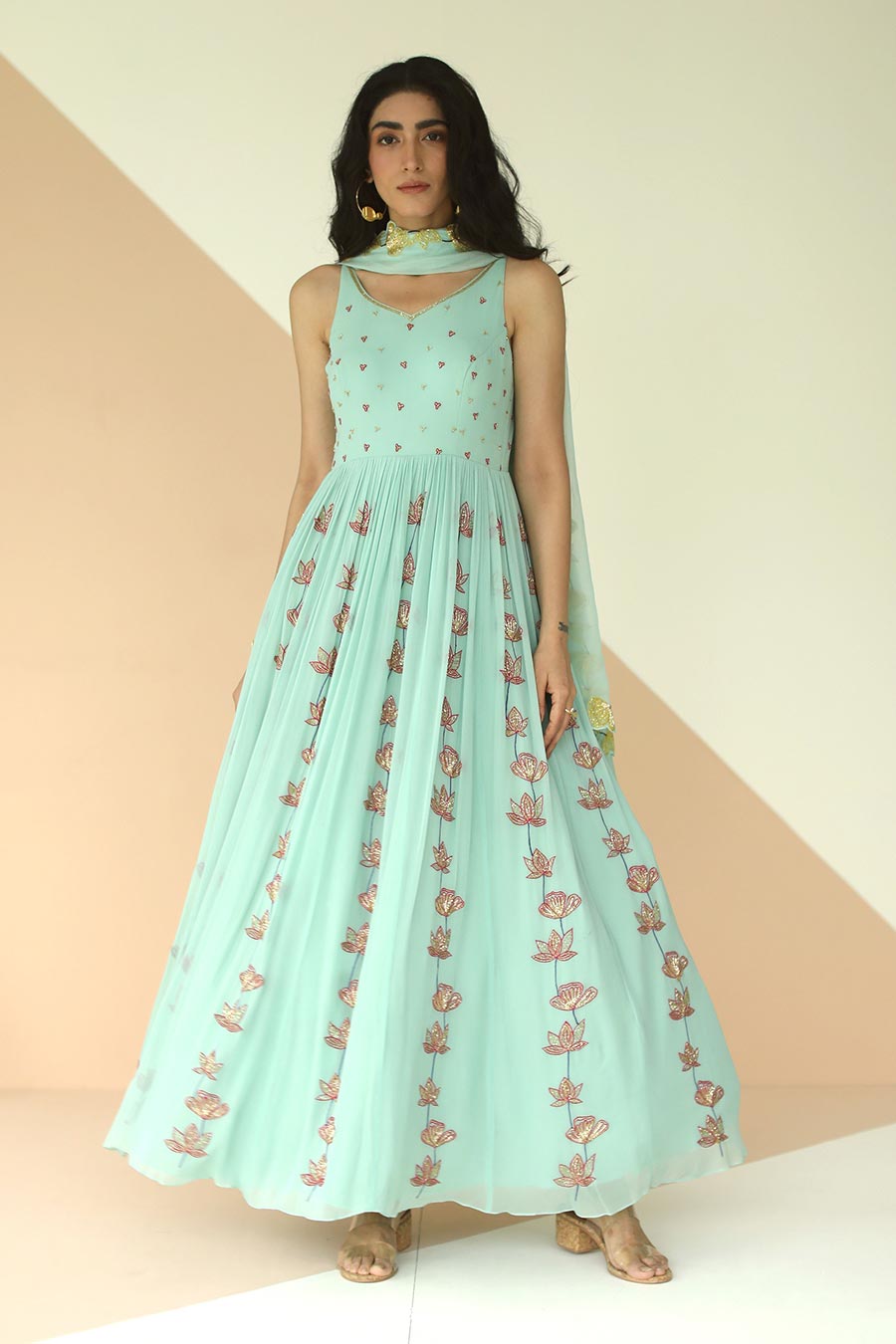 Mint Blue Embroidered Anarkali With Cutwork Dupatta