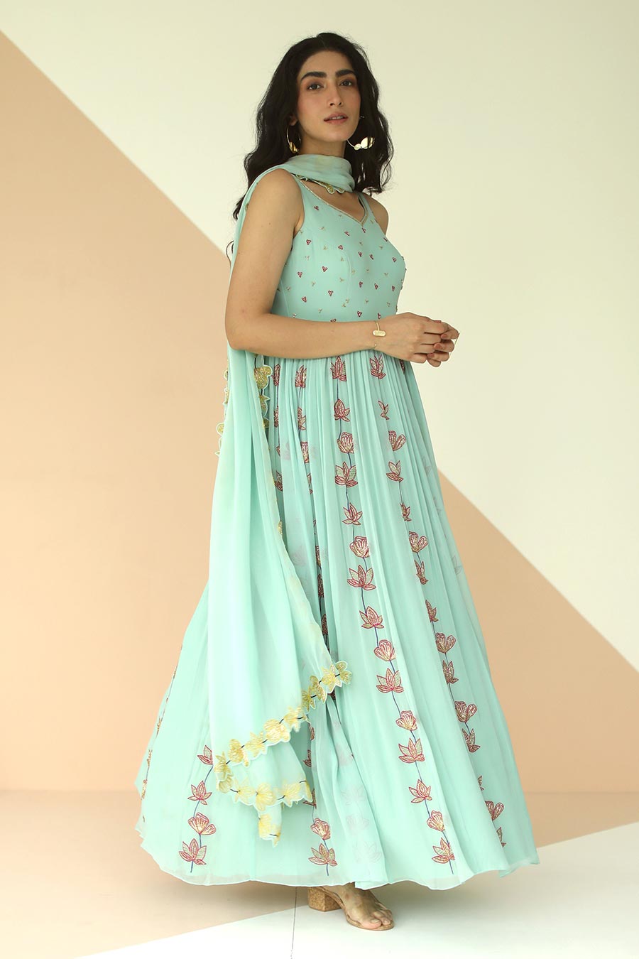 Mint Blue Embroidered Anarkali With Cutwork Dupatta