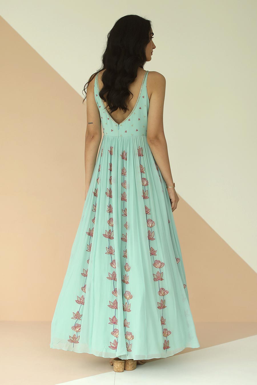 Mint Blue Embroidered Anarkali With Cutwork Dupatta