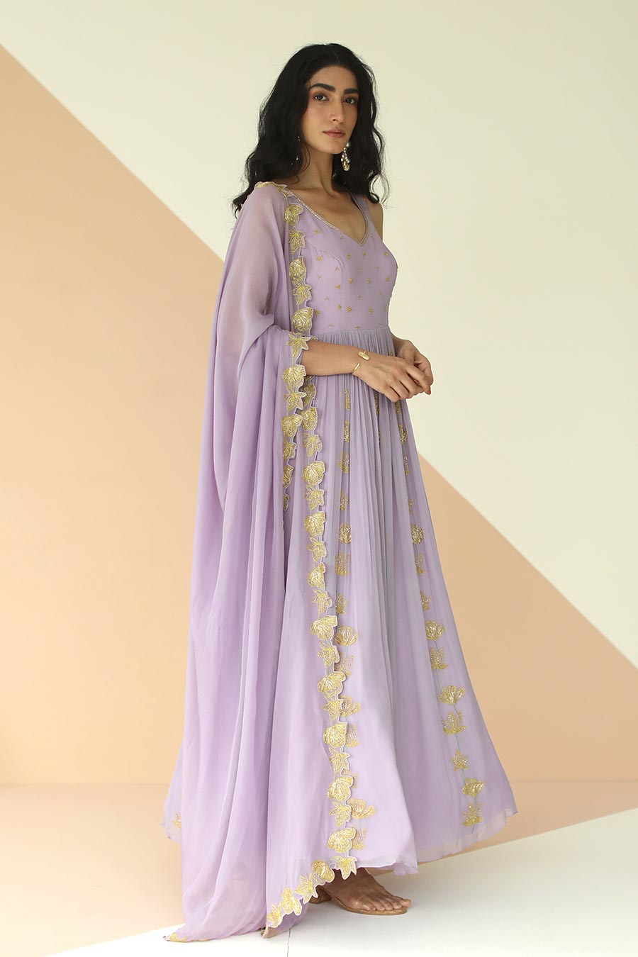 Lavender Embroidered Anarkali With Cutwork Dupatta