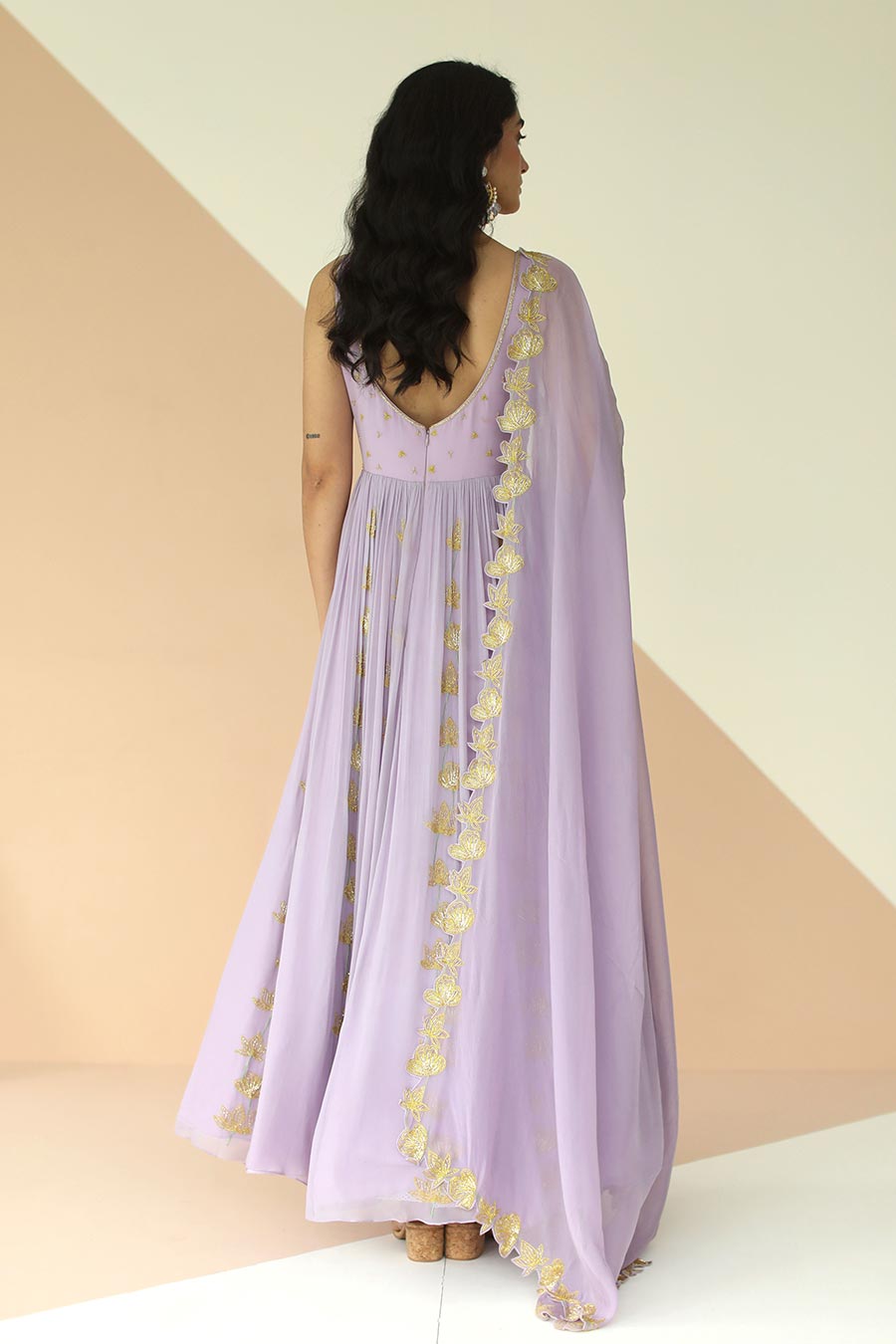 Lavender Embroidered Anarkali With Cutwork Dupatta