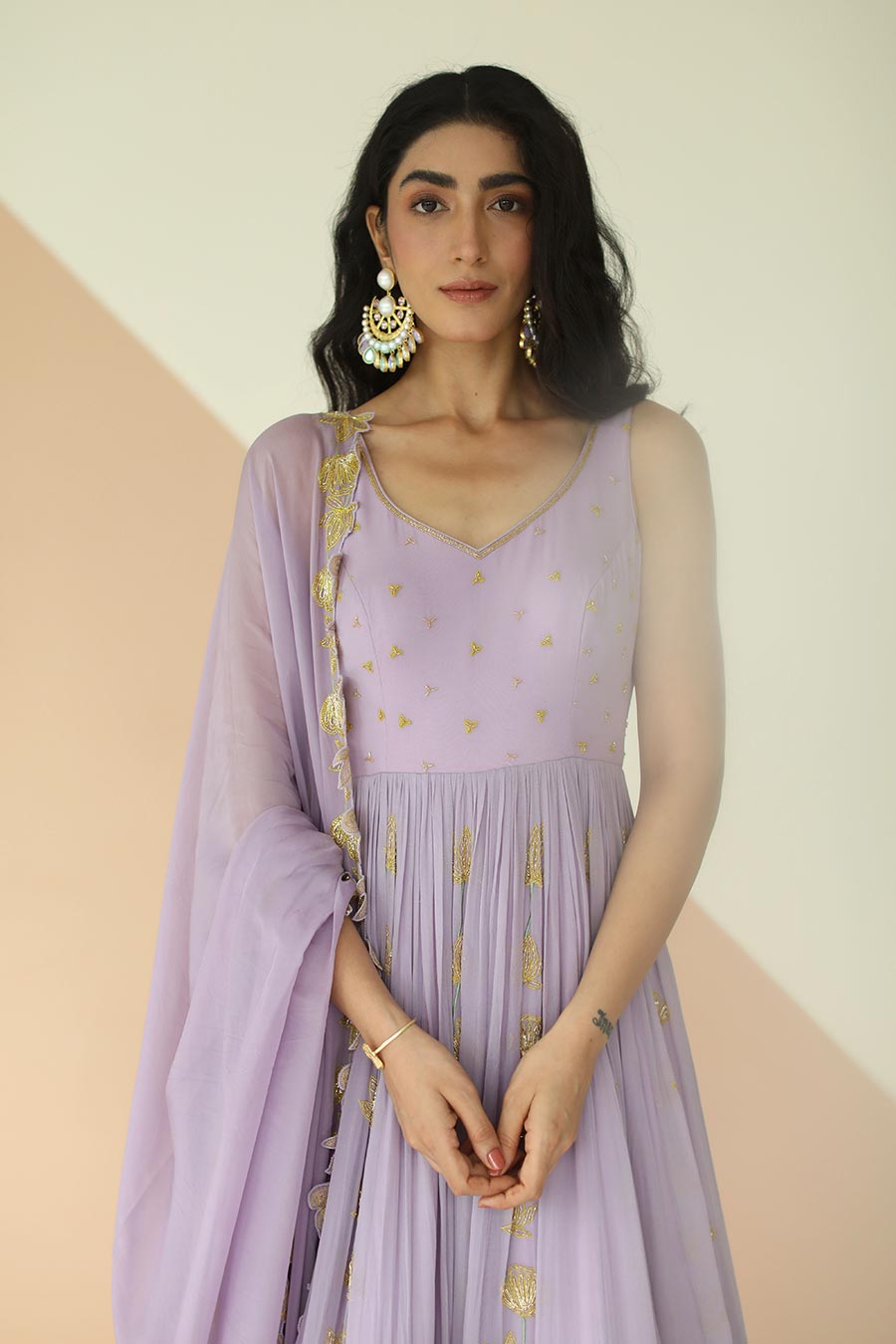 Lavender Embroidered Anarkali With Cutwork Dupatta