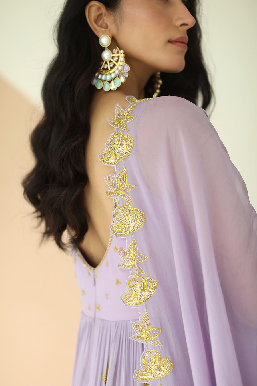 Lavender Embroidered Anarkali With Cutwork Dupatta