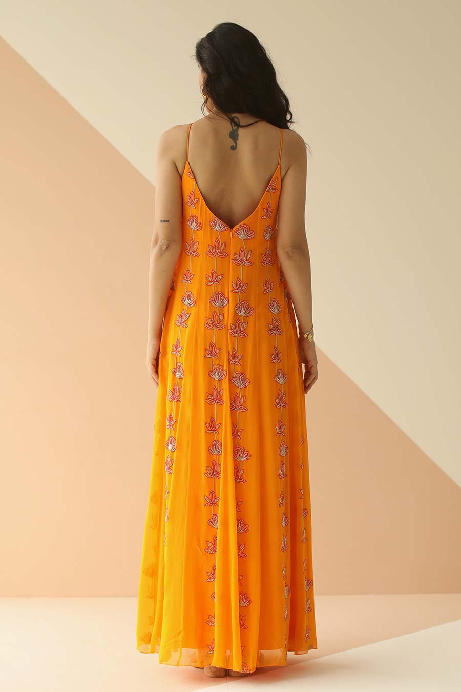 Mango Yellow Embroidered Step Gown Dress