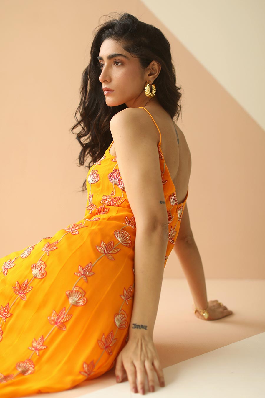 Mango Yellow Embroidered Step Gown Dress