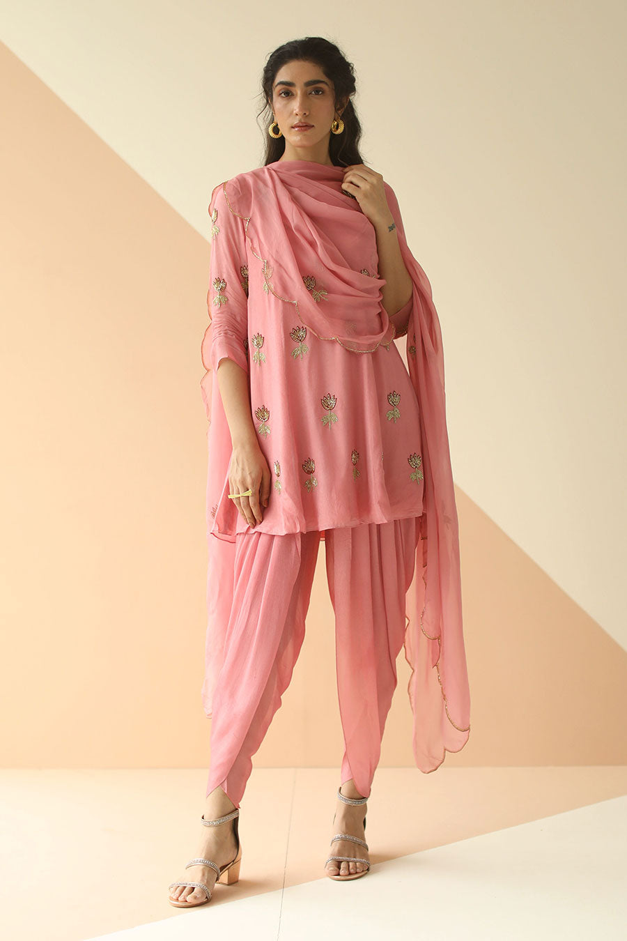 Mauve Pink Embroidered Dhoti Set With Scallop Dupatta