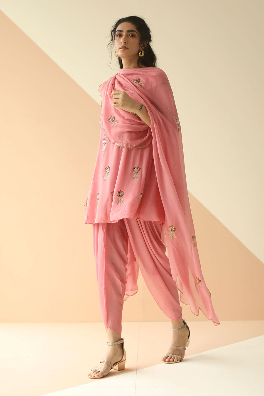 Mauve Pink Embroidered Dhoti Set With Scallop Dupatta