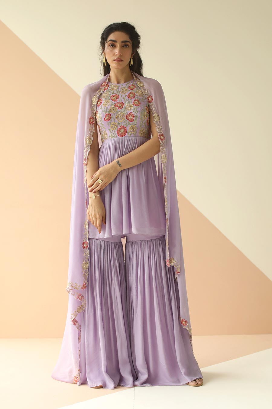Lavender Embroidered Sharara Set With Cutwork Dupatta