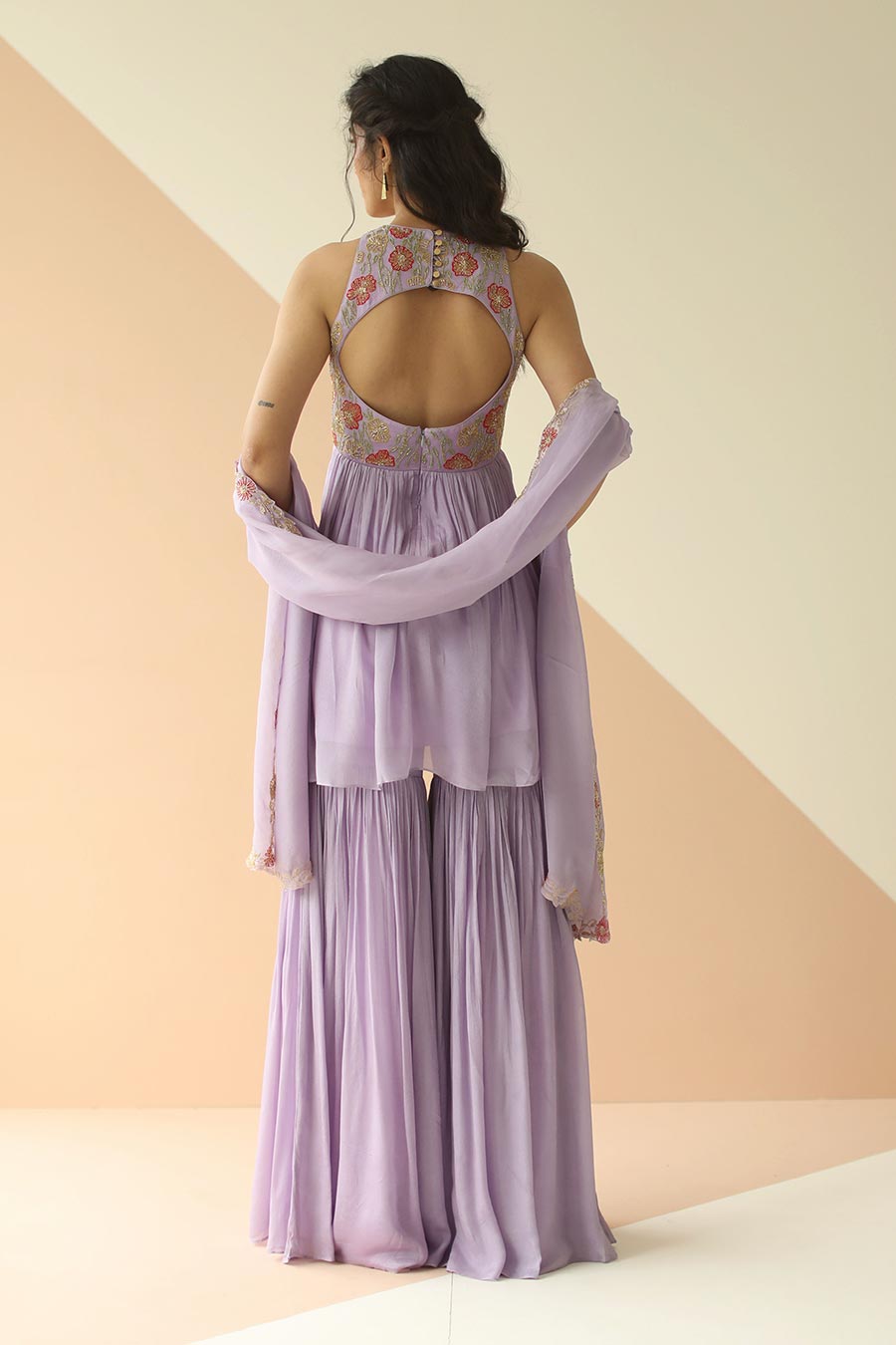 Lavender Embroidered Sharara Set With Cutwork Dupatta