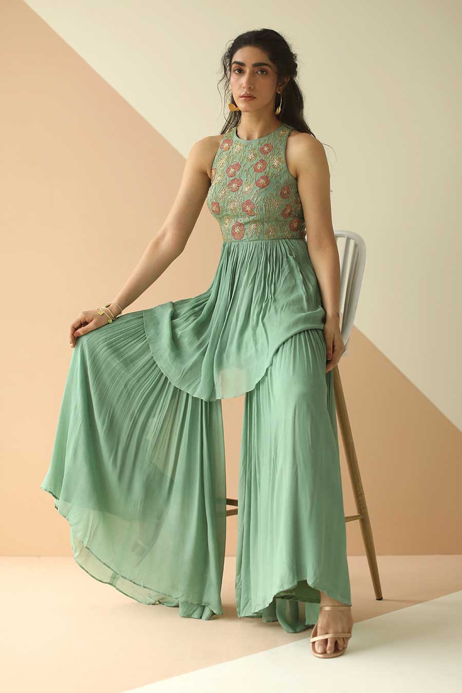 Ash Green Embroidered Sharara Set With Cutwork Dupatta
