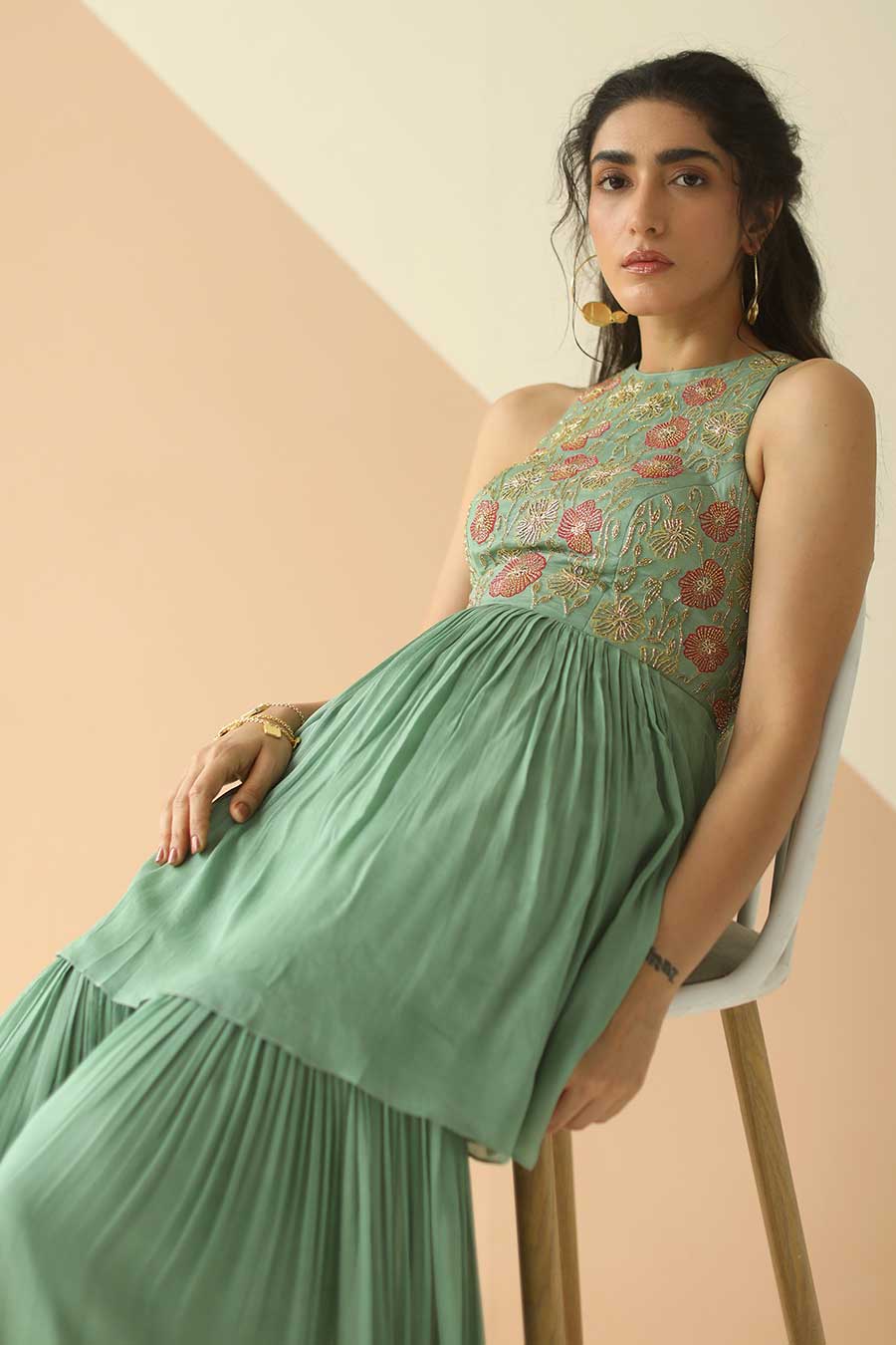 Ash Green Embroidered Sharara Set With Cutwork Dupatta