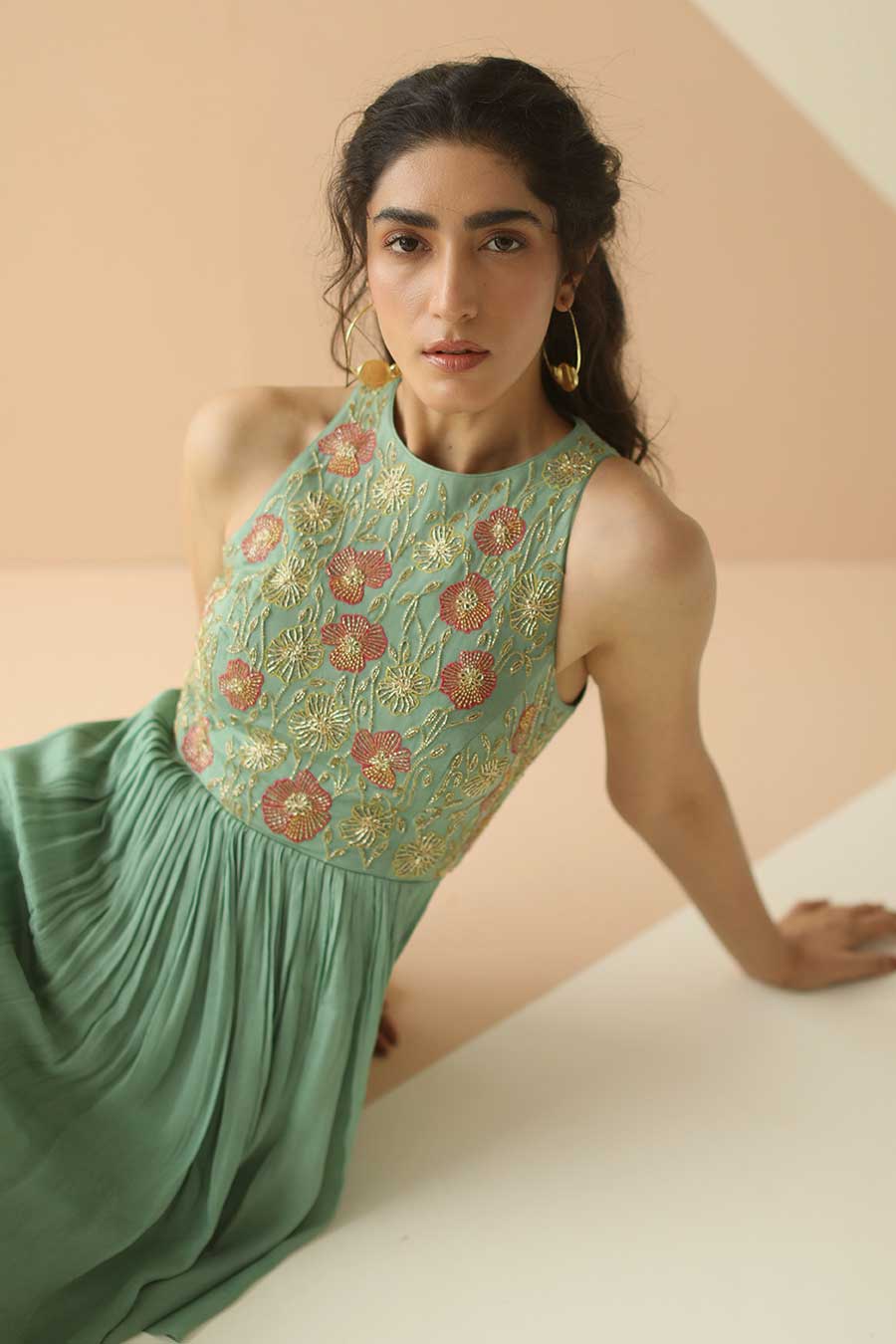 Ash Green Embroidered Sharara Set With Cutwork Dupatta