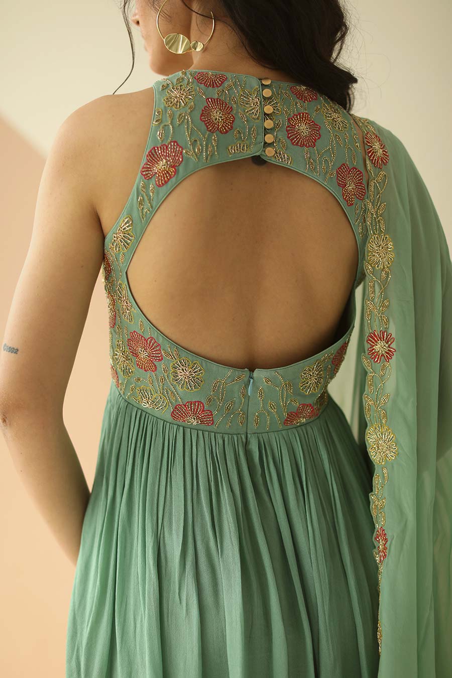 Ash Green Embroidered Sharara Set With Cutwork Dupatta